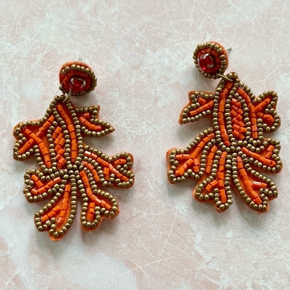 Orange Beaded Leaf Felt Earrings - Picture 1 of 8